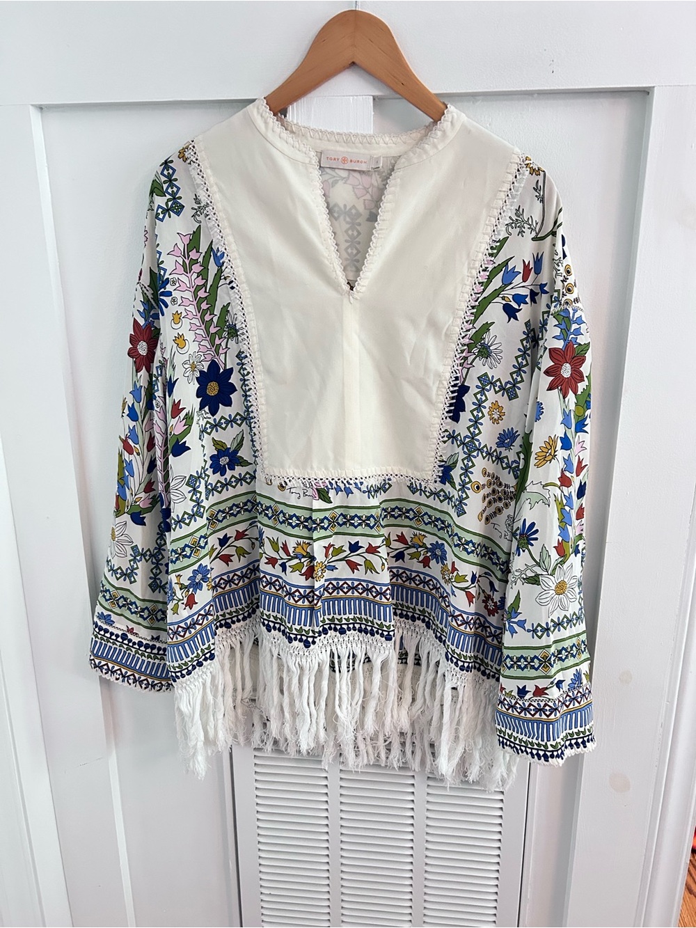 Tory Burch Floral Print Fringe Hem Tunic Top Size L Boho Resort